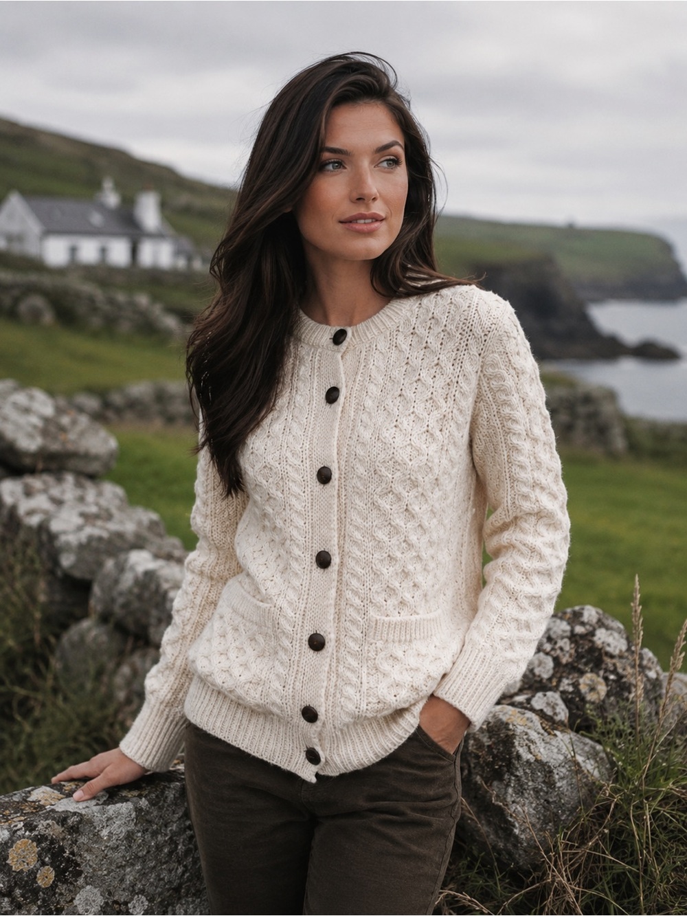 Vintage Carraig Donn Womens L 100% Wool Aran Cable Knit Cardigan Sweater Ireland